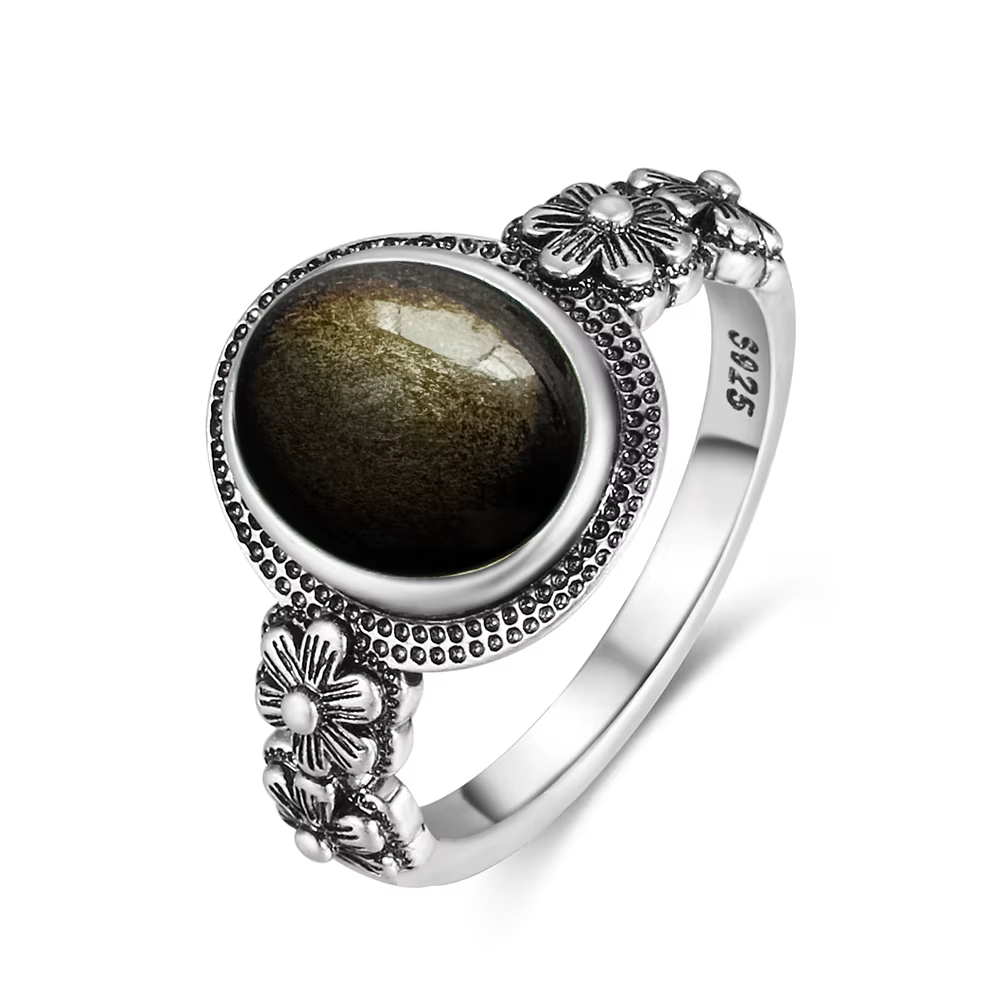 Bague vintage en argent sterling S925, ovale, ronde, en obsidienne naturelle, en forme de soleil et 