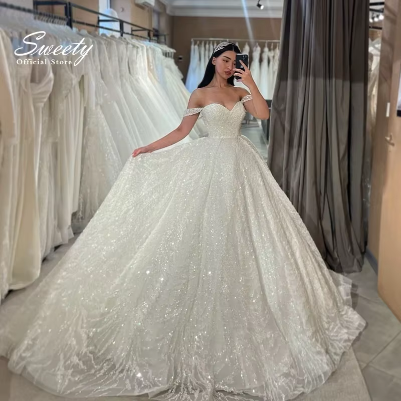 Robe de Mariée en Dentelle à Paillettes Brillantes avec Broderie, Tenue de Bal Personnalisée avec Co