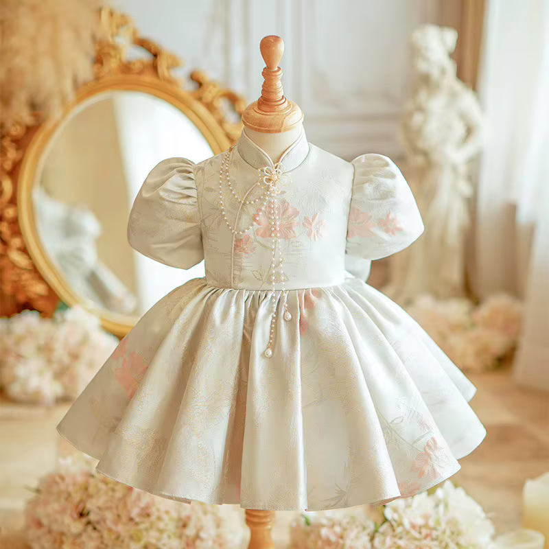 Robe de bal en Satin pour bébé fille, tenue de princesse à fleurs, pour fête de mariage chinoise, po