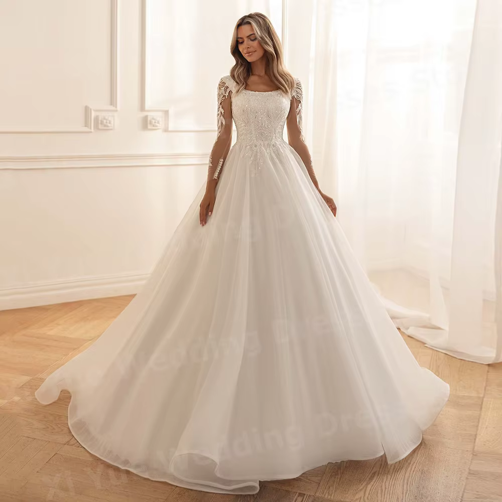 Robes De mariée trapèze scintillantes pour femmes, avec des Appliques en dentelle brillante, robes D
