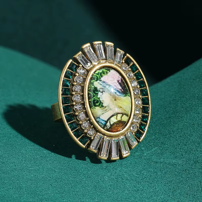 Bagues Vintage couleur or, cristal émeraude, tête de camée ovale en Zircon, bijoux antiques de luxe 