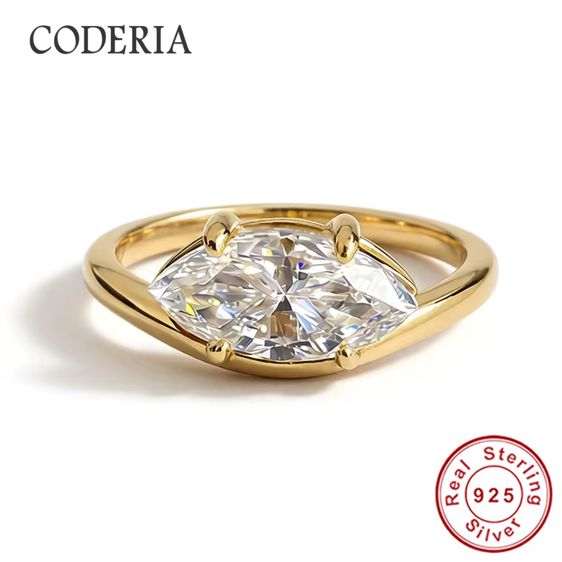 Bague de mariage en moissanite taille marquise 2 carats plaqué or 18 carats pour femme, en argent st