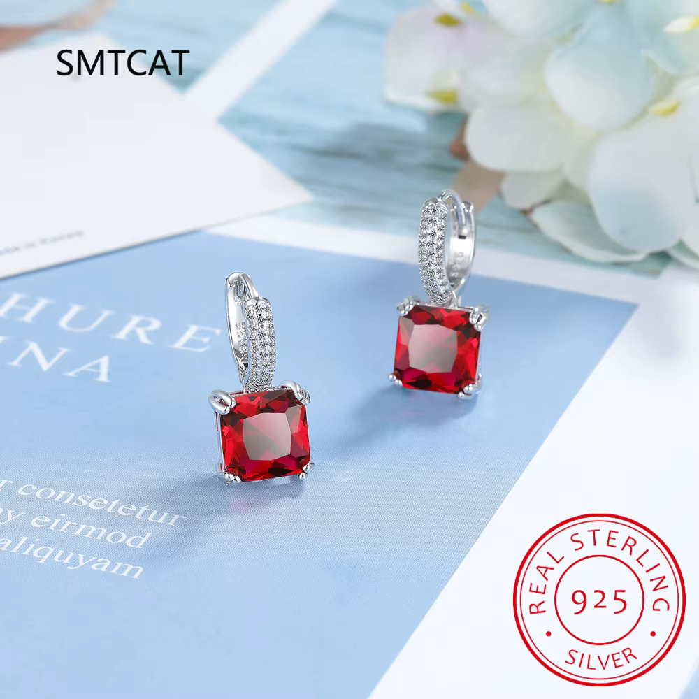 Boucles d'oreilles en argent Sterling 925 avec saphir bleu, coupe princesse, cerceau carré géométriq