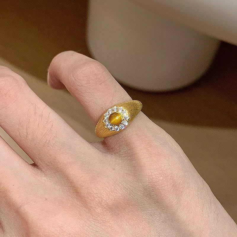 Bagues en pierre d'oeil de tigre vintage pour femmes, breloque classique, artisanat brossé, bague fl