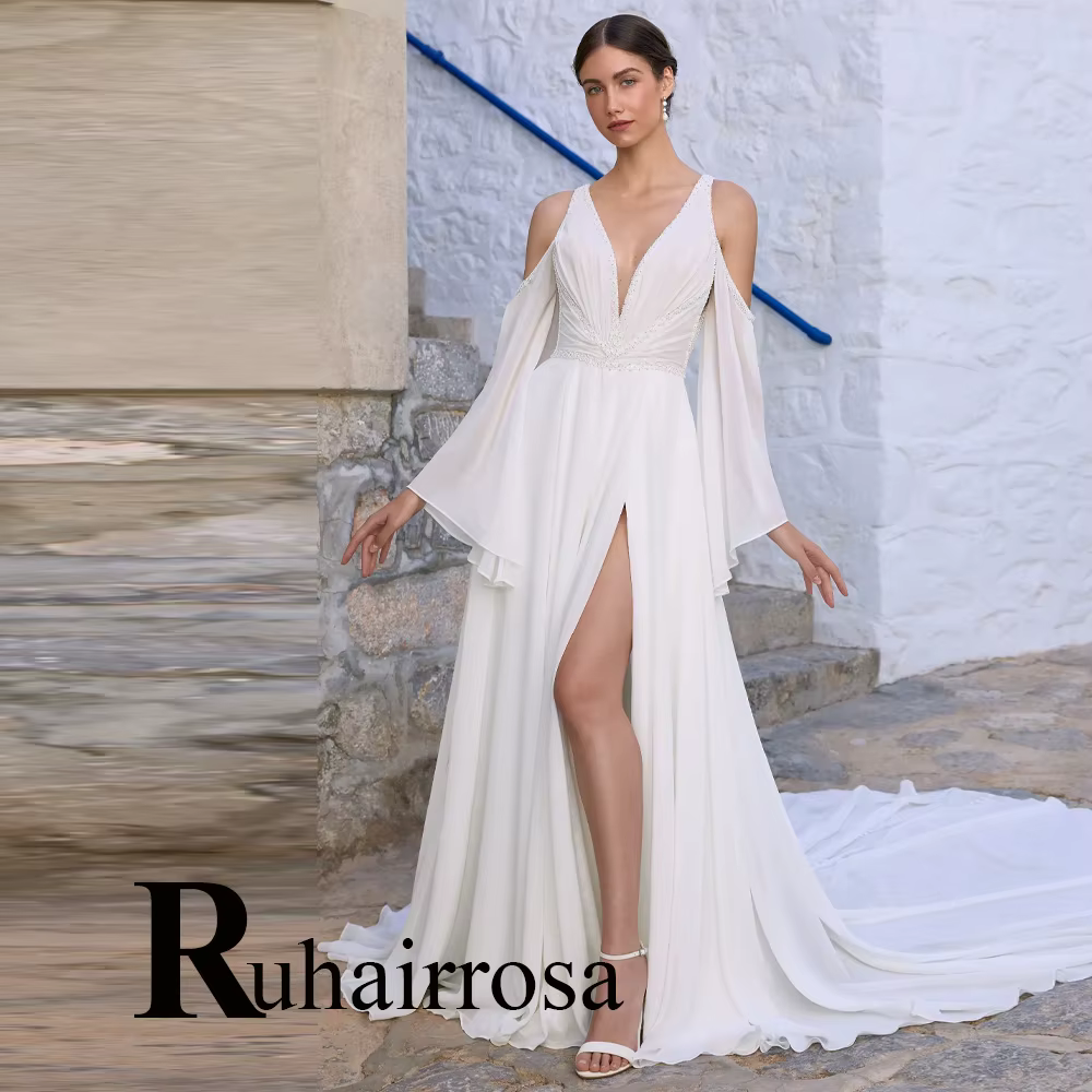 Ruhair Chic Robe De mariée haute fente a-ligne col en v bouton perles en mousseline De soie Robe De 
