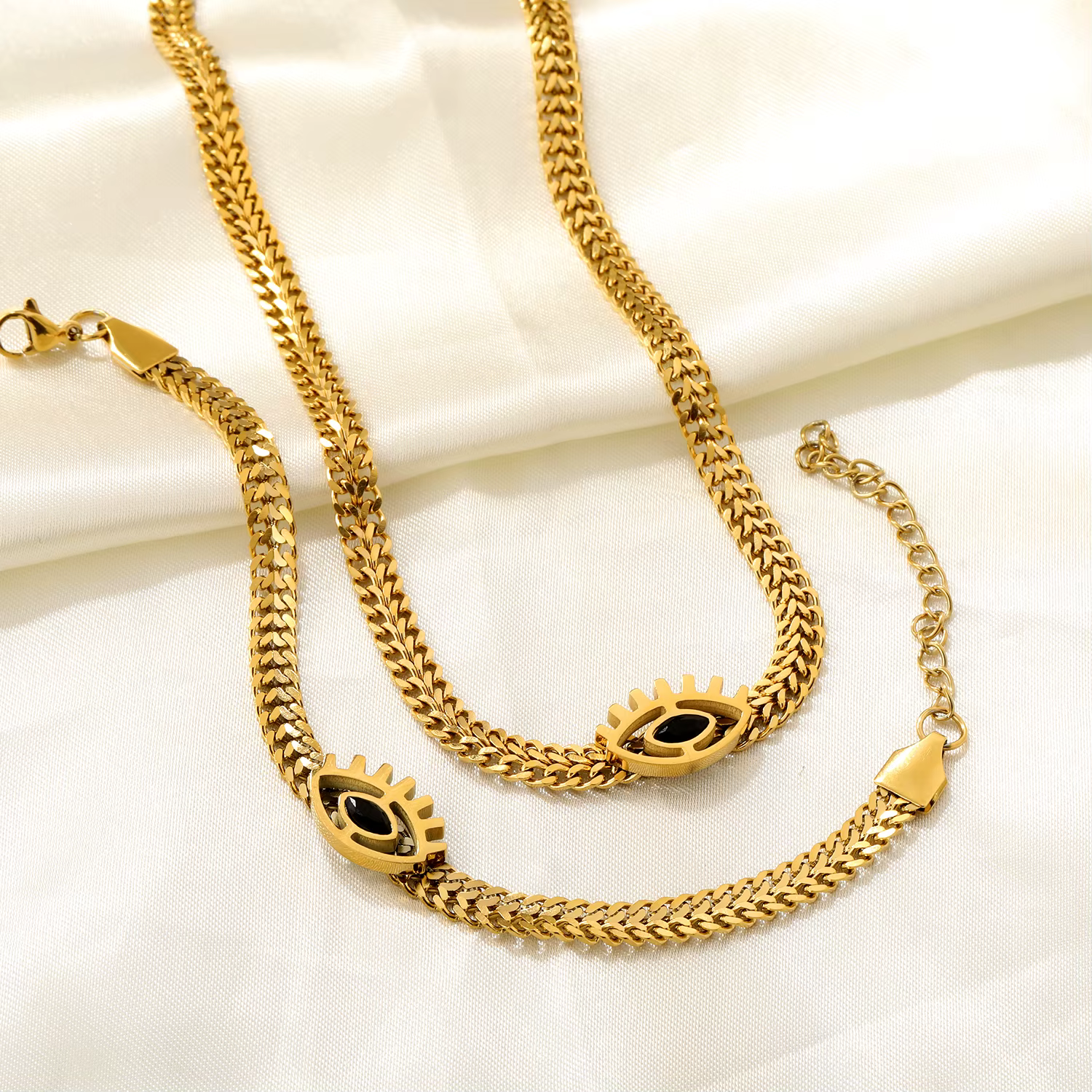 Collier ras-du-cou et bracelet en acier inoxydable avec breloques œil en zircon, chaîne serpent popu