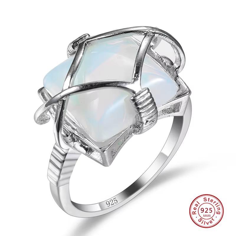 Bague opale naturelle pour femme, lunette quadrillée, pierre précieuse carrée, argent véritable, bij