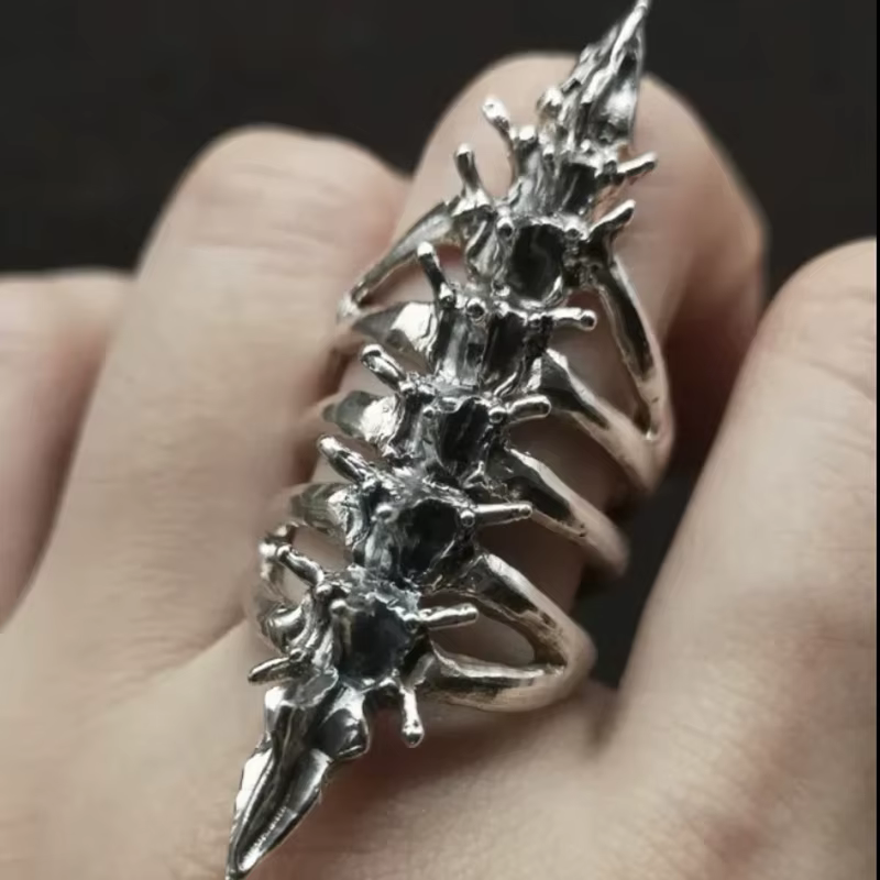 Bague squelette gothique cyberpunk unisexe personnalisée, bague en métal rétro en forme d'os dorsal,