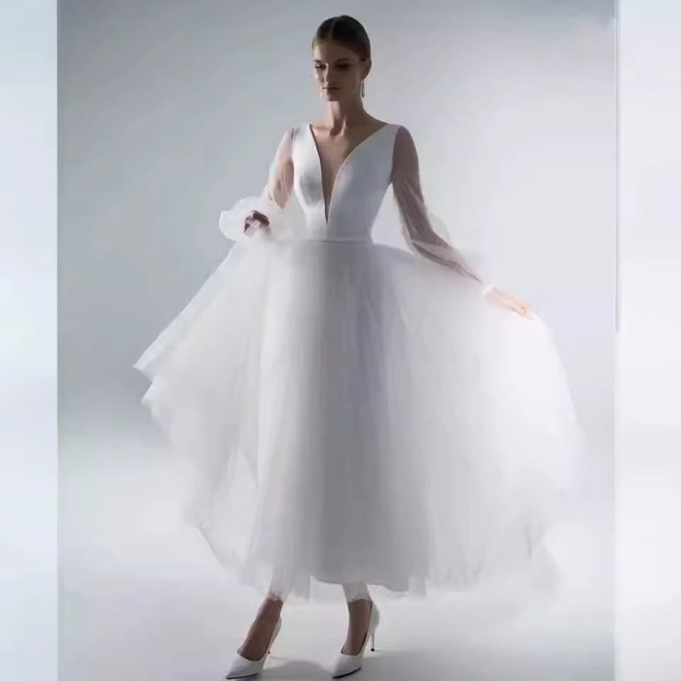 Robe De mariée grande taille, manches longues, col en V profond, robes élégantes pour robe De mariée