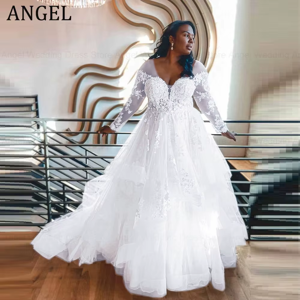 ANGEL magnifique grande taille robes de mariée personnalisé 2025 a-ligne Tulle dentelle Appliques ro