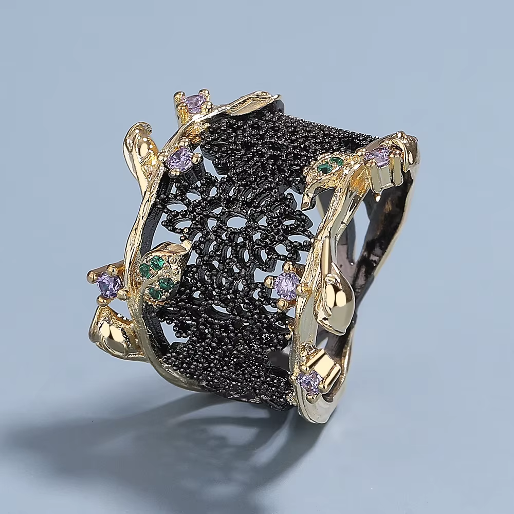 Bague découpée créative en or noir, bijoux italiens à la mode, bijoux en or noir, bague de fête de h