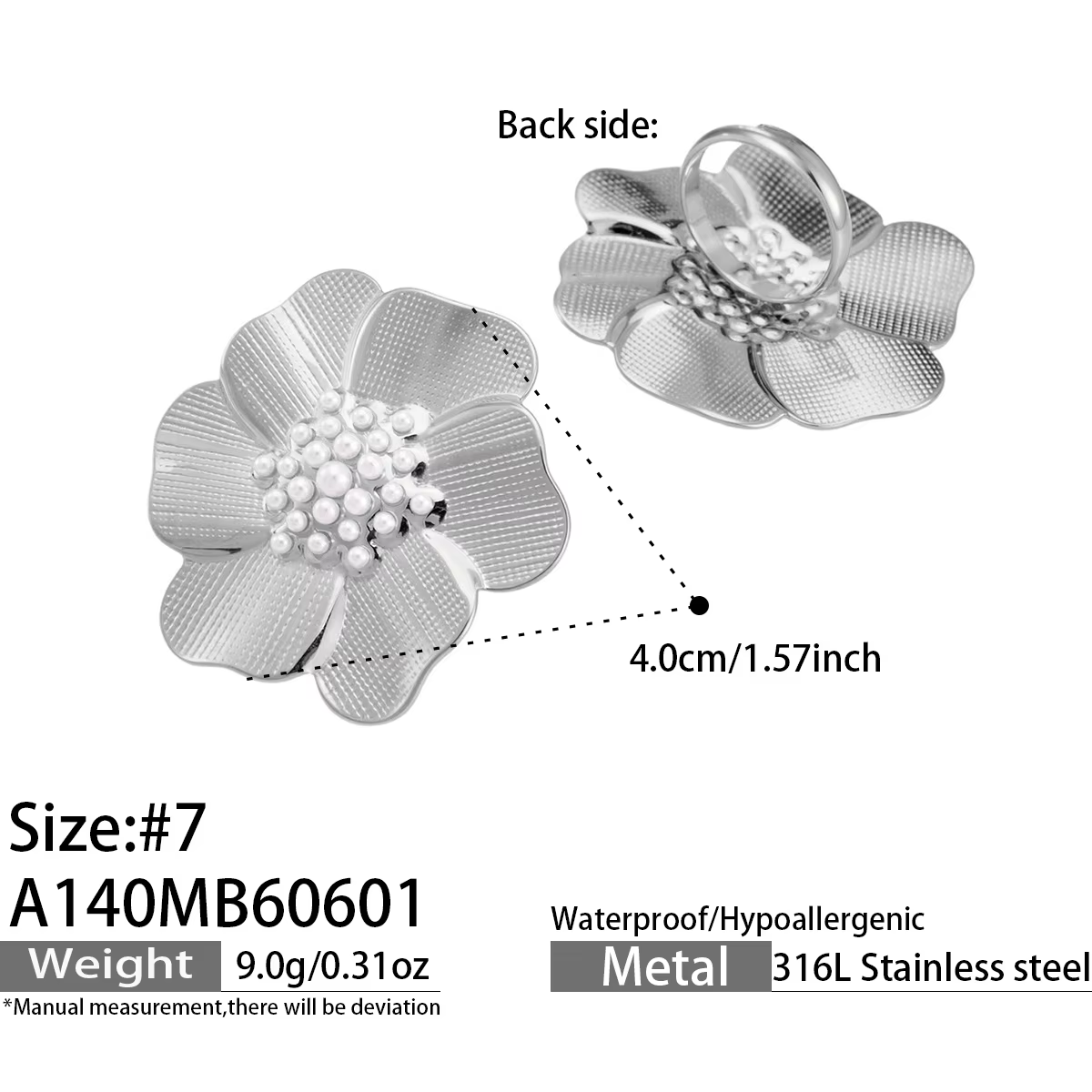 Bague en acier inoxydable 316L plaqué or 18 carats avec perle texturée irrégulière, empilable, style