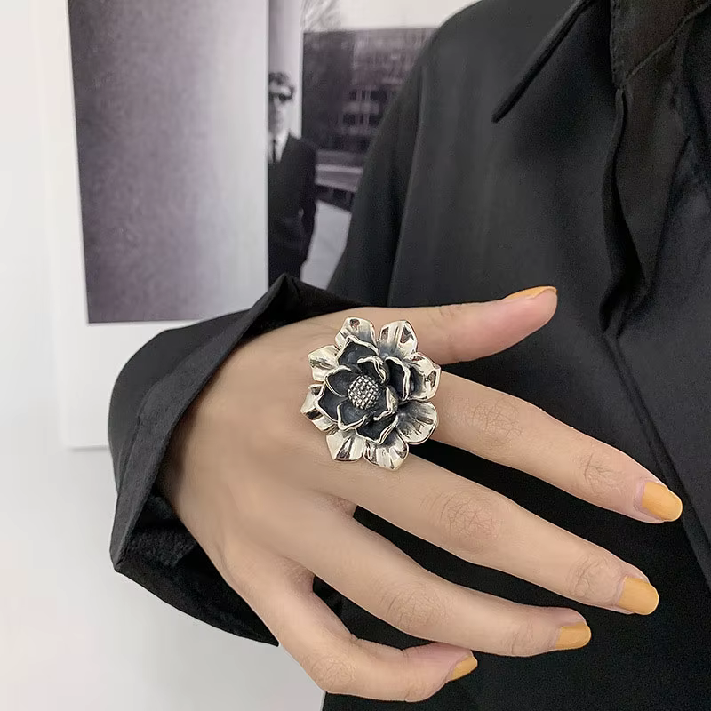 Bagues de fiançailles en argent Sterling 925, nouvelle mode créative, fleur exagérée, Vintage Punk, 