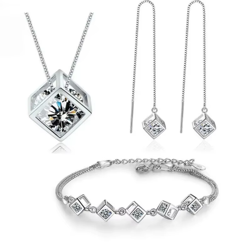 Ensembles de bijoux Moissanite Cube pour femmes, collier, bracelet, boucles d'oreilles, déclaration 