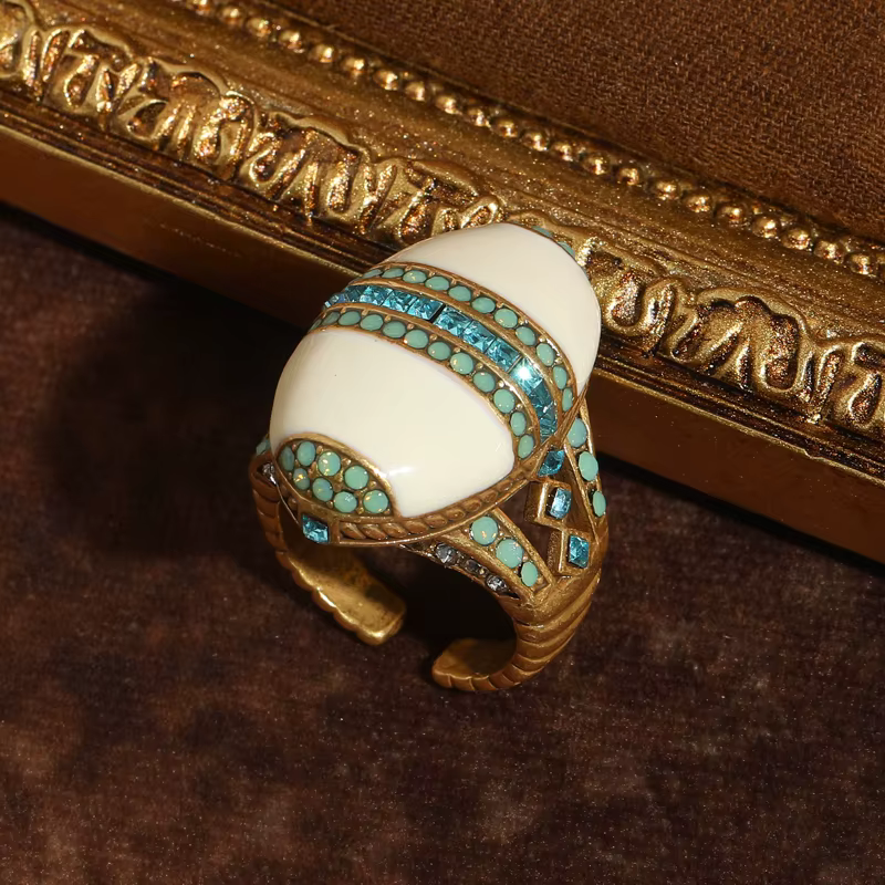 Bague Vintage en cristal bleu mer, émail blanc, goutte d'huile, Cabochon, bijoux de luxe, accessoire