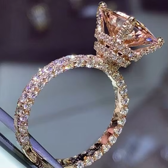 Bague de mariage en or rose sous Halo, bague de fiançailles en morganite taillée sur coussin, zircon