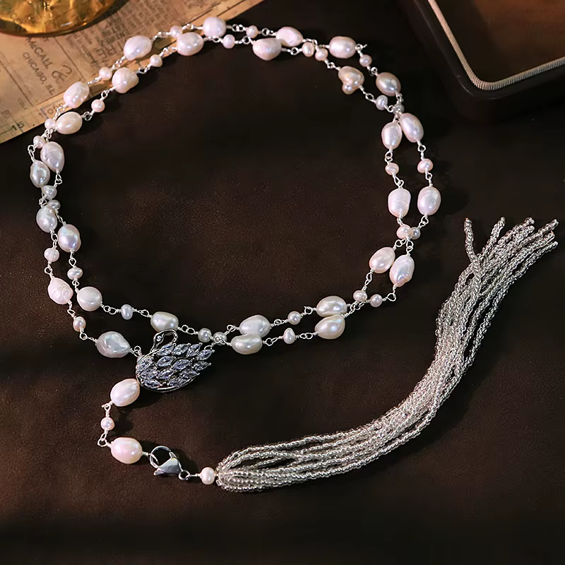 Chaîne de pull en verre de Zircon de cygne de perle naturelle, Design fait à la main, collier de hau