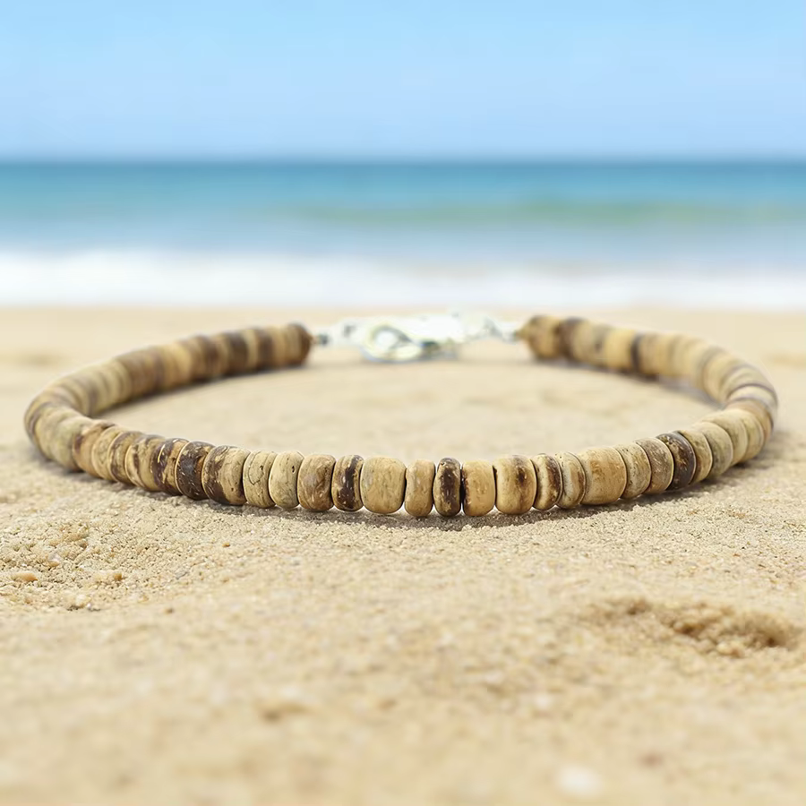 Chaîne de cheville bohème en perles de bois naturelles pour femme, réglable, pour l'été et la plage,