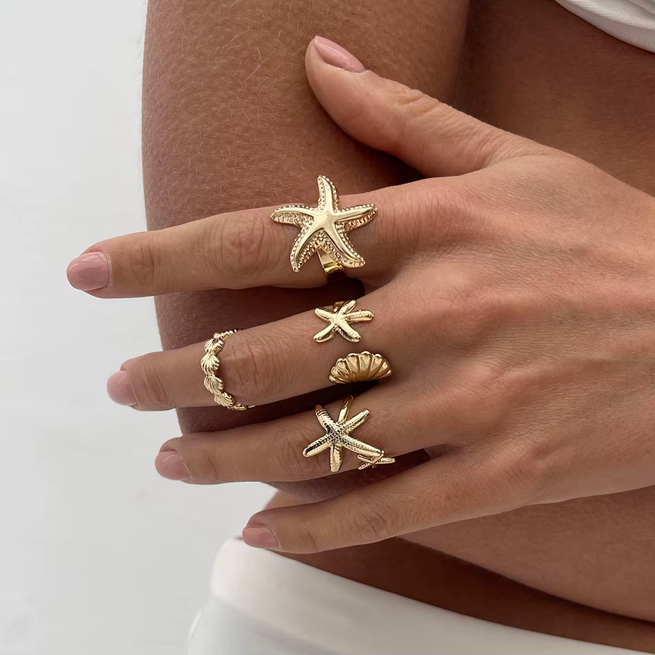 IngeSight.Z Lot de 4 bagues ouvertes étoile de mer et coquille Saint-Jacques pour femmes et hommes, 