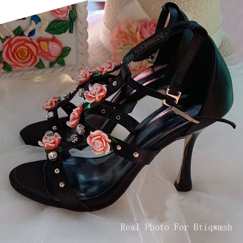 Rose fleur rétro chaussures femme strass cristal t-strap bleu luxe Satin étrange talons hauts femme 