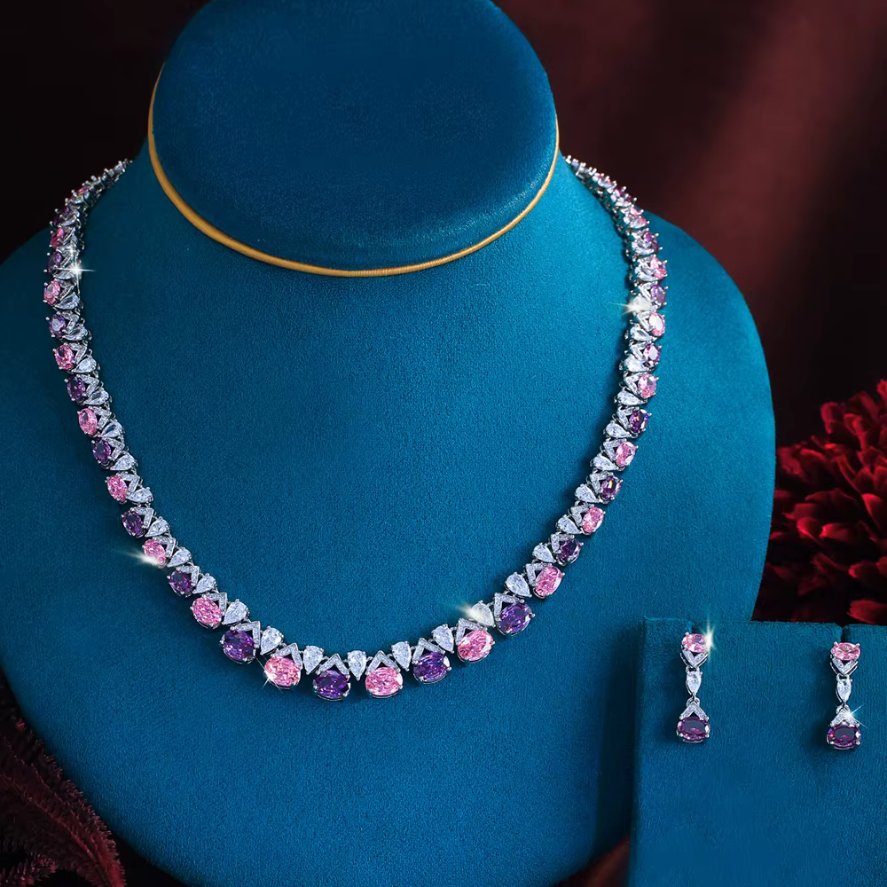 Pera – collier ovale de luxe en zircone rose et violette, boucles d'oreilles brillantes pour femmes,