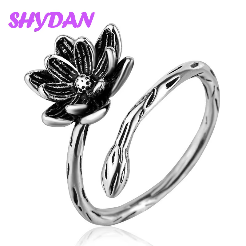Bague vintage en argent sterling 925 SHYDAN, lotus noir, pour femme, bijoux tendance
