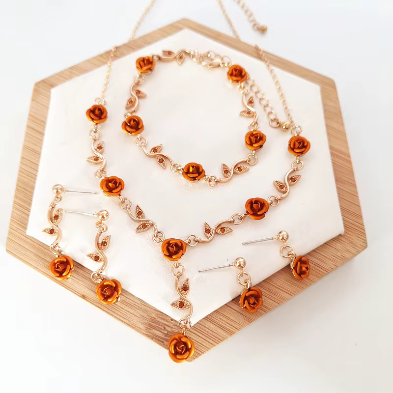 Ensemble de boucles d'oreilles et collier pour filles, élégant, fleur de Rose, Super conte de fées,