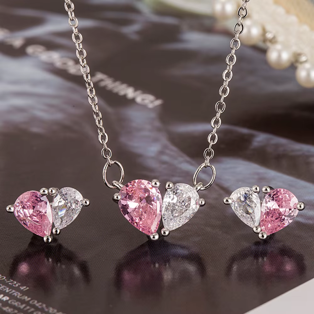 Ensemble de bijoux en argent regardé 925 pour femme, collier d'amour, boucles d'oreilles roses, desi
