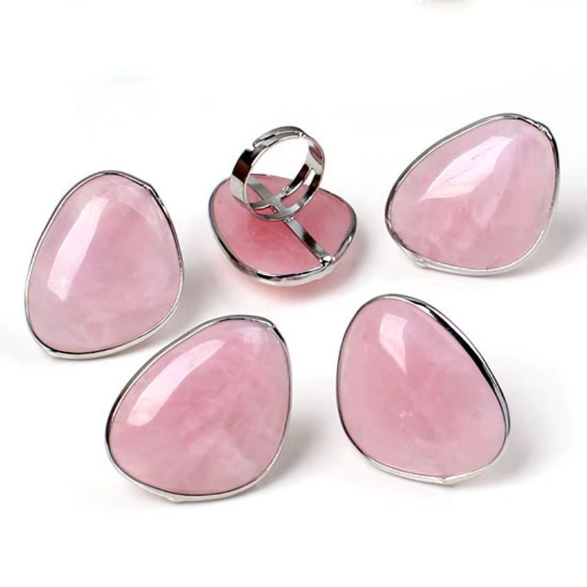 Bague réglable en cristal plaqué argent pour femme, forme géométrique, quartz rose original, bijoux 