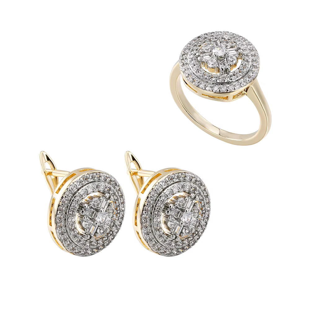 Ensemble de boucles d'oreilles et bagues rondes en zircon incrusté, design bicolore, bijoux à la mod