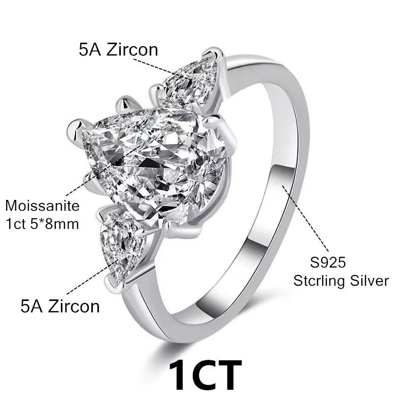 Bague Moissanite taille poire 1-2CT pour femme, bijoux fins de mariage avec certificat, argent Sterl