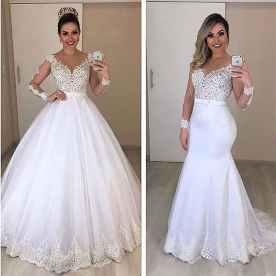 Robes De mariée sirène à manches longues transparentes voir à travers le dos robes De mariée deux pi