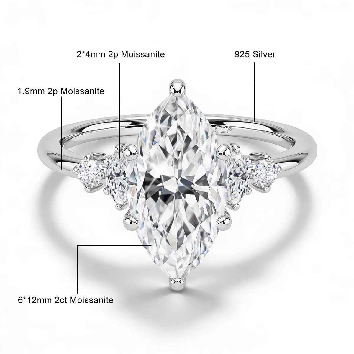 Bague en Moissanite Certifiée GRA 2CT Coupe Marquise, Or Rempli 14K Massif, Anti-ternissement, Bague