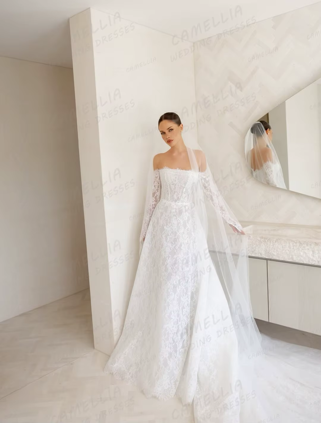 Robes De mariée simples style Boho, ligne A, Sexy, épaules dénudées, manches longues, avec des Appli