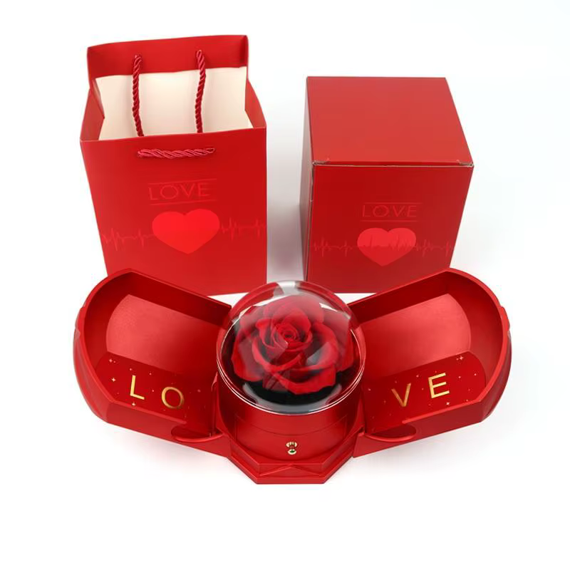 Boîte à bijoux de fleurs séchées en or rose avec compartiment d'amour secret – Surprise d'anniversai