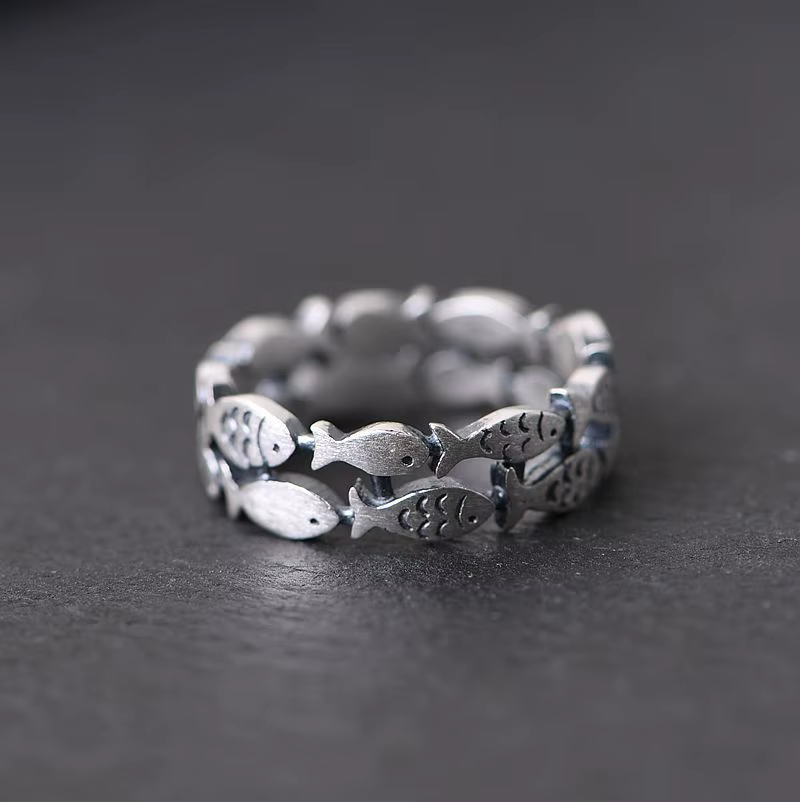 Poisson à deux couches en argent sterling 925 ​ Bagues réglables pour femmes, bijoux de luxe de qual