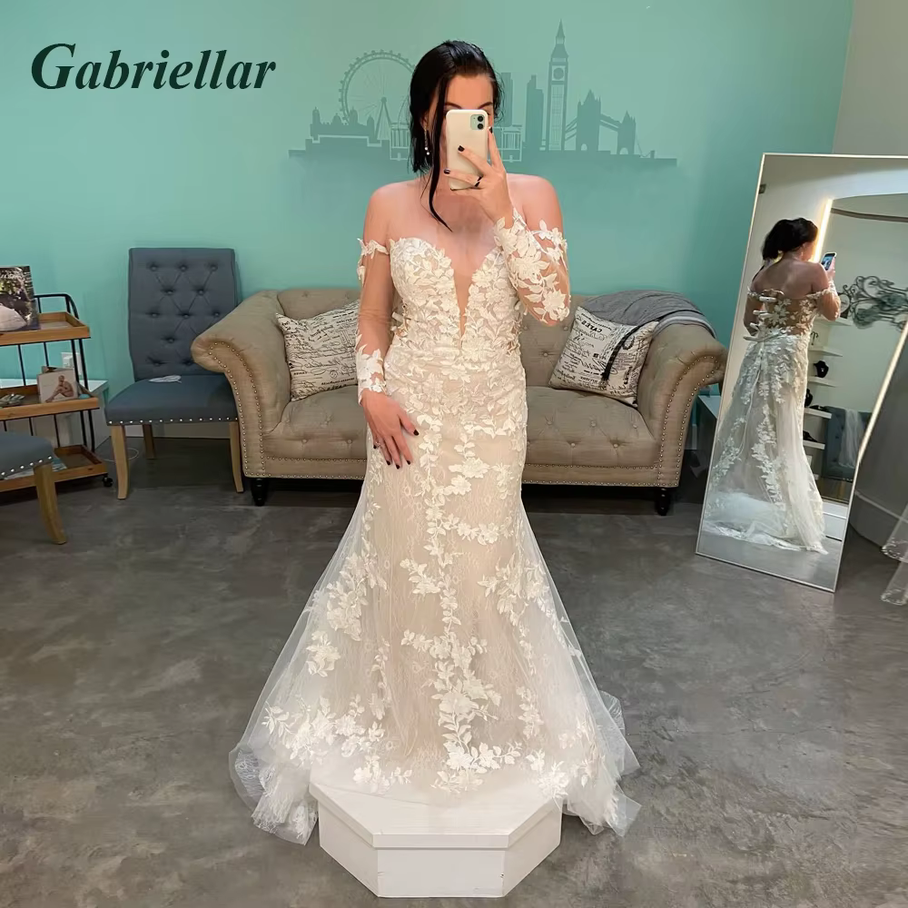 Gabriellar conte de fées trompette robes de mariée manches longues col en v dentelle Appliques laçag