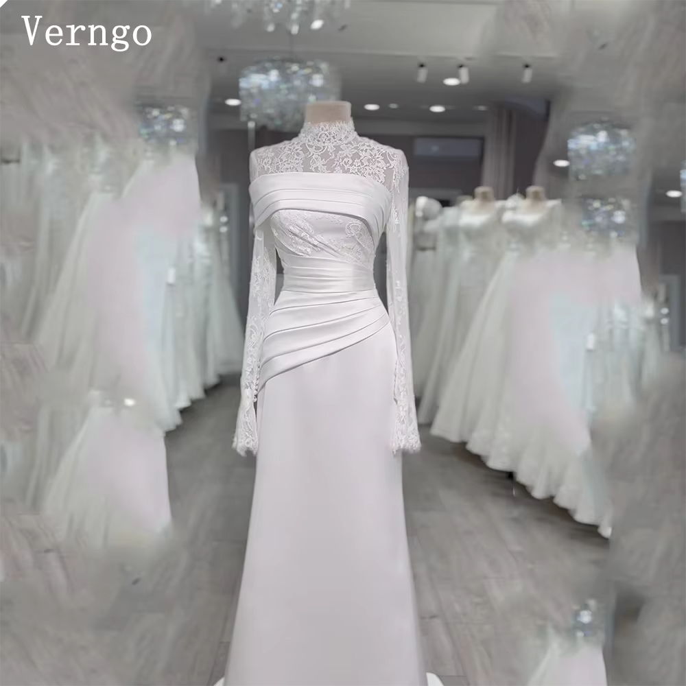 Verngo – robe de mariée élégante en Satin, col haut, dentelle, manches longues, dubaï, modeste, pers