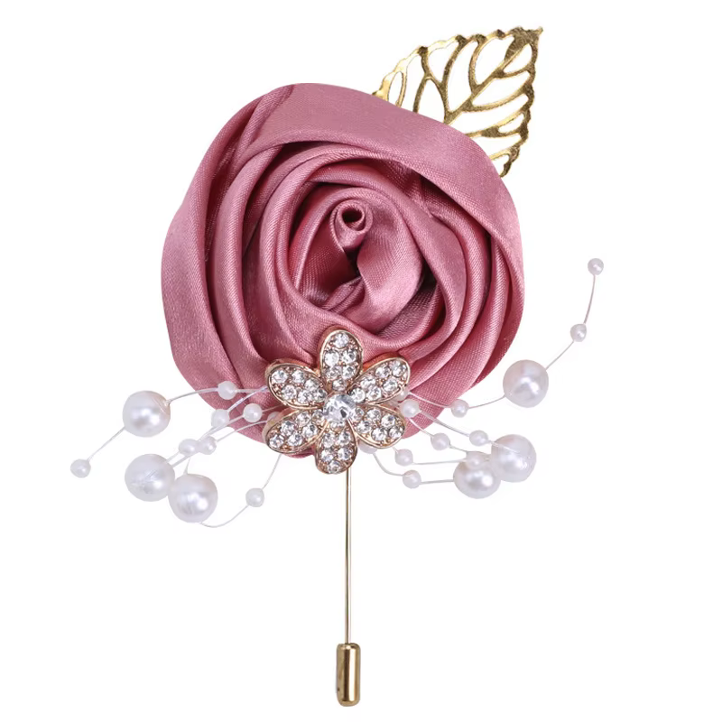 Broche de mariage Corsage de poignet pour mariée demoiselle d'honneur en ruban Rose fleur strass per