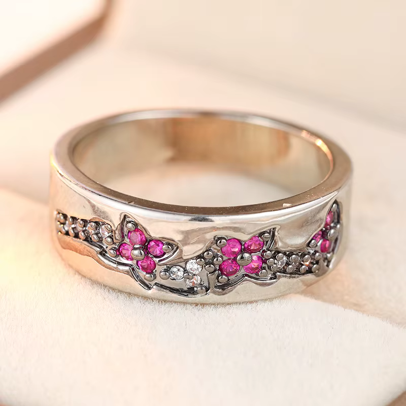 Bague florale sculptée à la main en zircone synthétique rose de style punk pour femmes, design minim