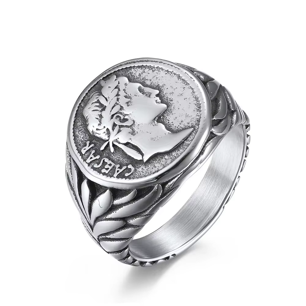 Bague vintage style empereur romain César en acier inoxydable couleur argent/or, bague César pour co