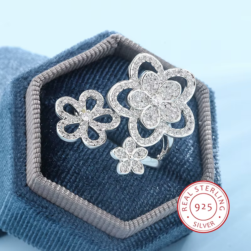 Bague florale plaquée argent 925 pour dames, bague de patients de mariage, cadeau de travailleurs de
