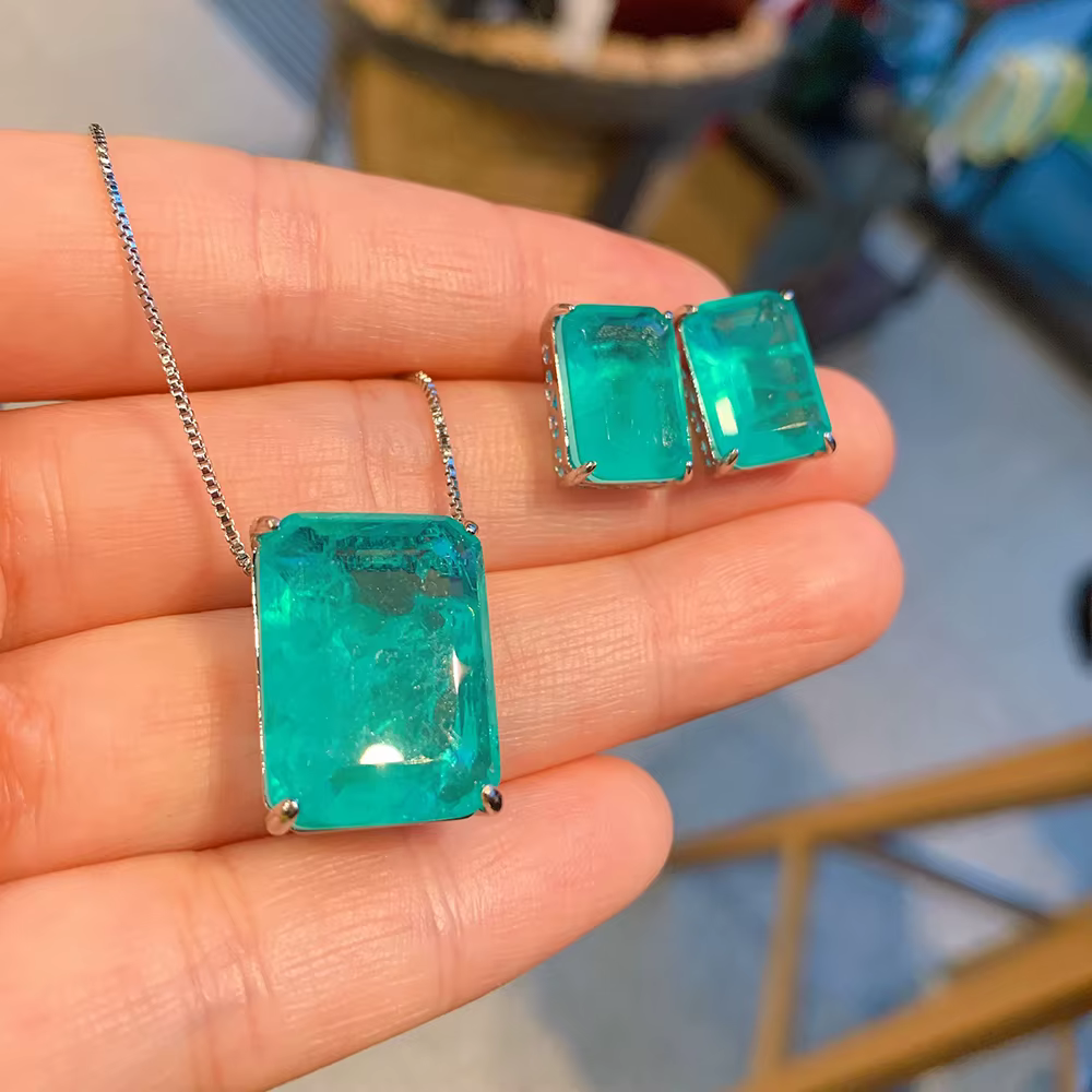 Ensembles de bijoux Vintage pour femmes, Paraiba, Tourmaline, émeraude, boucles d'oreilles, pendenti