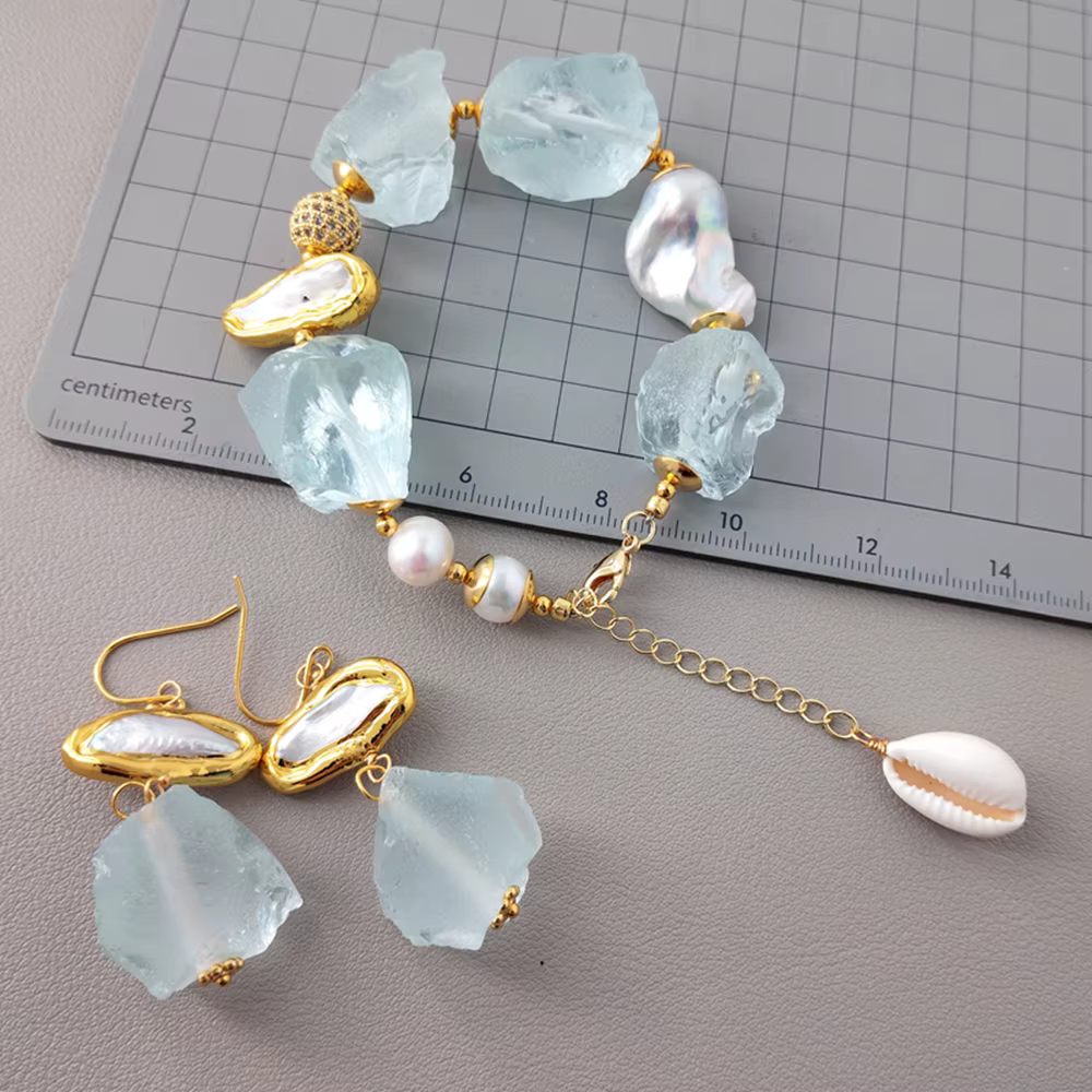Y·YING – ensemble de boucles d'oreilles et bracelet en perles baroques blanches véritables, perles d
