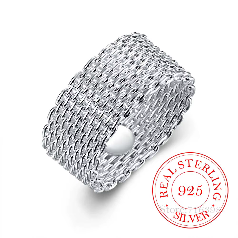 Bagues en argent Sterling 100% et 925 pour femmes, anneau large tissé en argent, cadeau de mariage d
