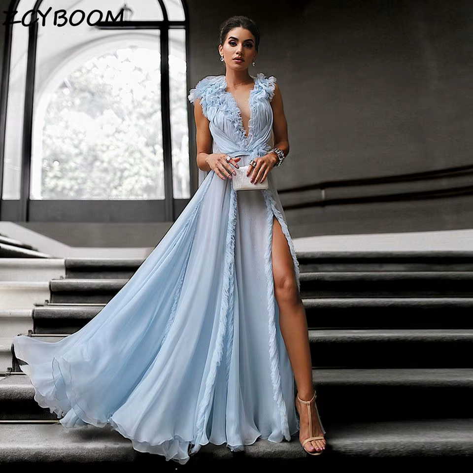 Robes de bal bleu clair 2026 pour femmes, élégantes, coupe trapèze, plissées en mousseline, pour soi