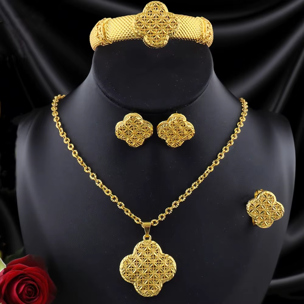 Dubaï plaqué or boucles d'oreilles collier bracelet bague ensembles pour femmes inde luxe fleur form