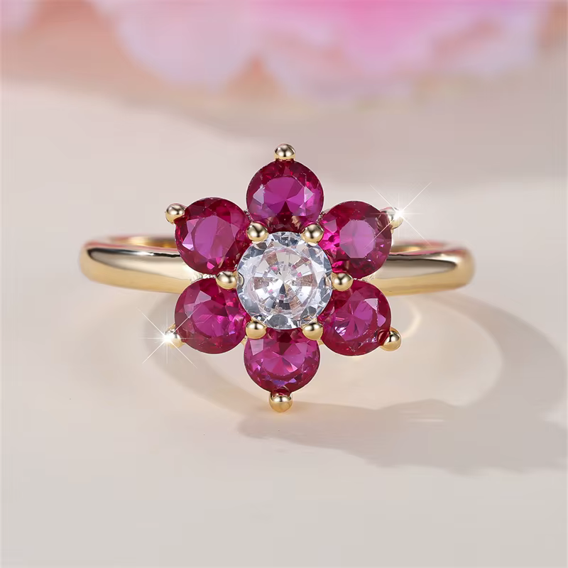 Bagues à breloques en forme de fleur de cerisier pour femmes, bague de Cocktail en pierre rouge Rose