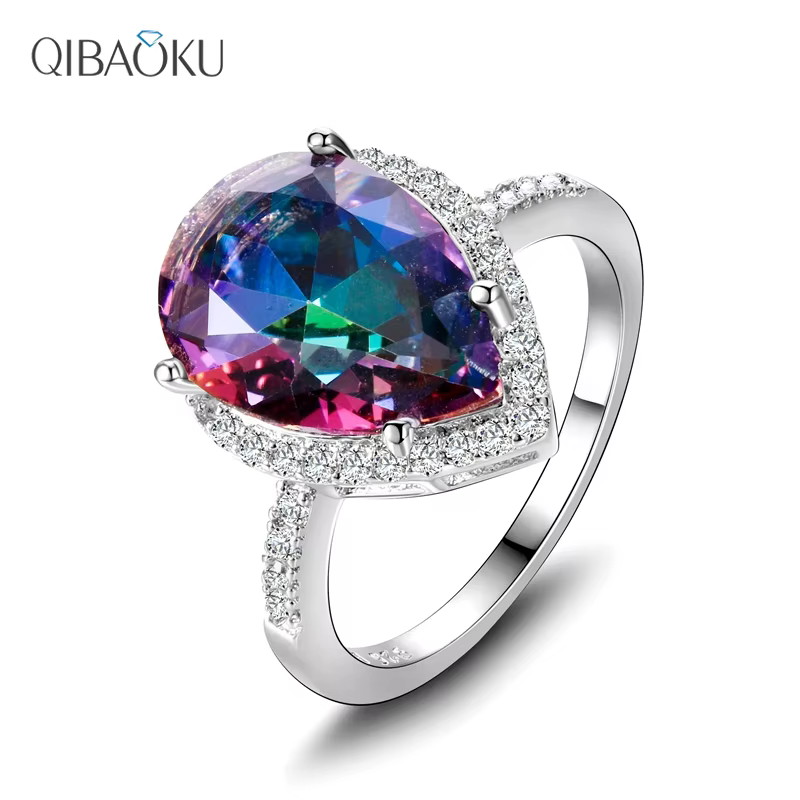Bague en argent plaqué pour femme, topaze arc-en-ciel mystique, bague goutte d'eau, bijoux de mariag