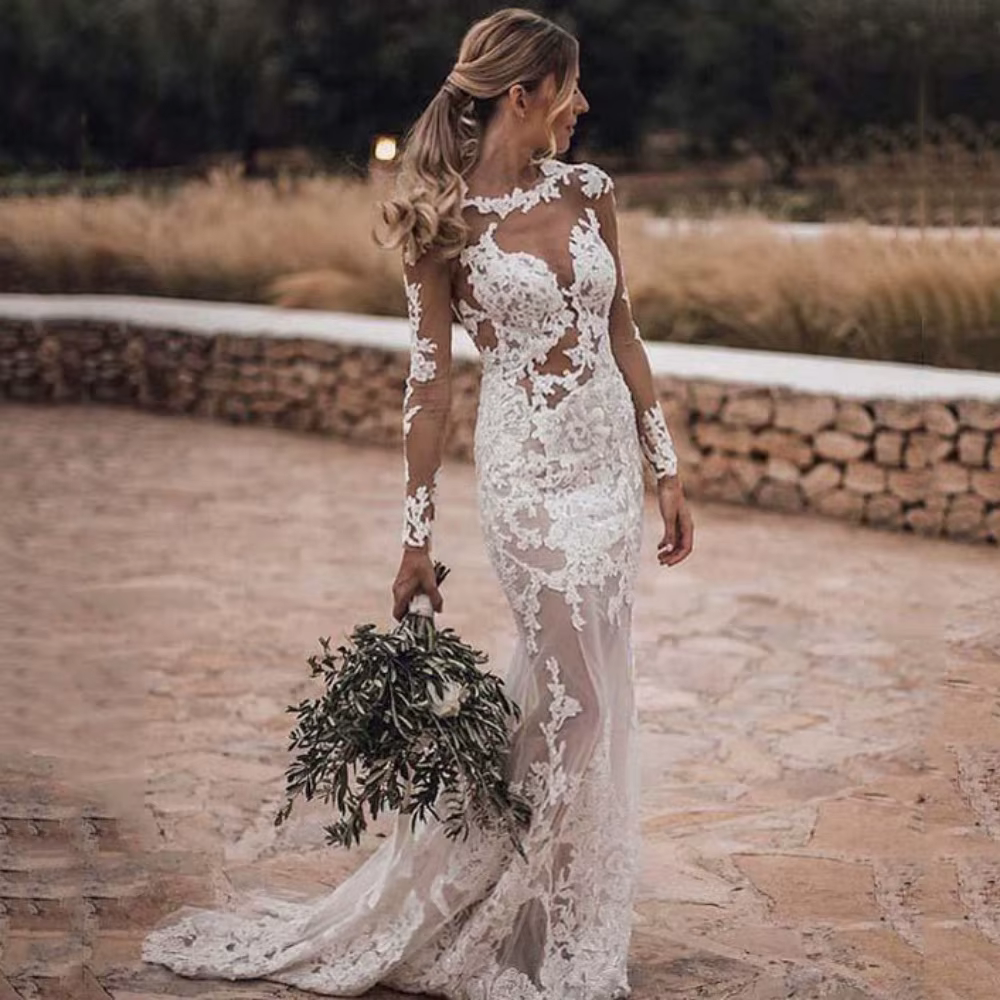 Boho sexy personnalisé sirène robe De mariée dentelle robes De mariée Appliques manches longues bout